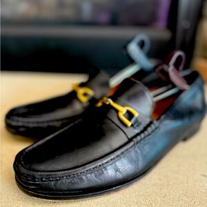 Bruno Magli Black Leather Men’s Loafers with Gold Buckle Accent - Size 9M